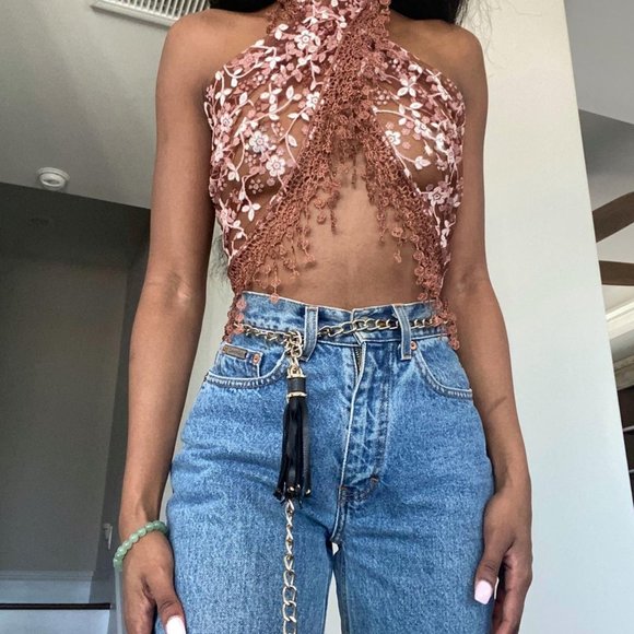 Vintage mesh floral print brown and pink scarf